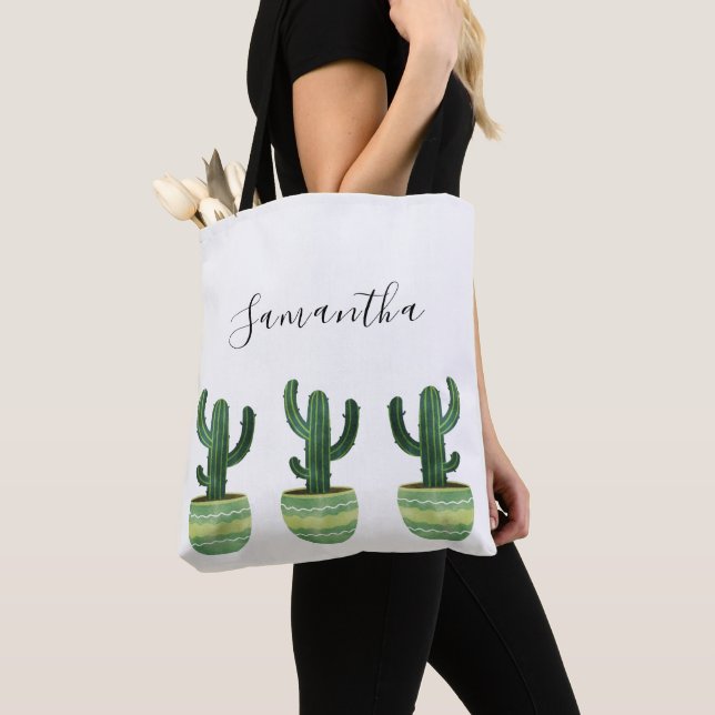 Tote Cactus Watercolor Name Bolsa (Close Up)