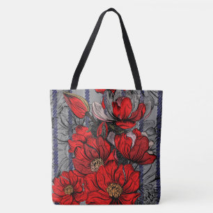 Tote Cinza Azul, Floral Red Fashion Designer Bolsa