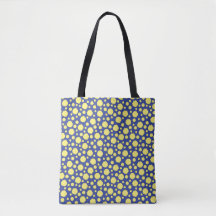 Círculos geométricos amarelos em bolsa azul de mão