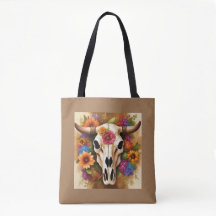 Crânio de Vaca Floral Moderno com Bolsa de Flores