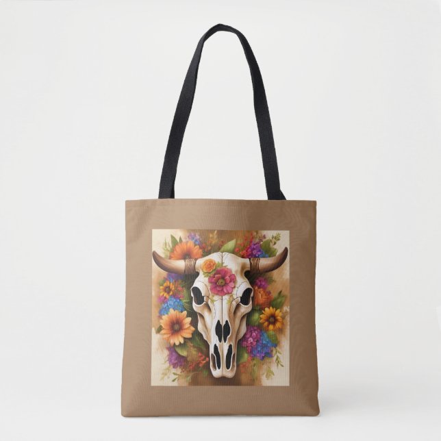 Tote Crânio de Vaca Floral Moderno com Bolsa de Flores (Frente)