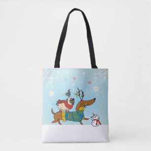 Tote Dachshund, Pug, & Bird Holiday Bolsa