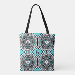 Tote de Tapeçaria Tribal Turquesa, Branco e Preto