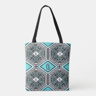 Tote de Tapeçaria Tribal Turquesa, Branco e Preto