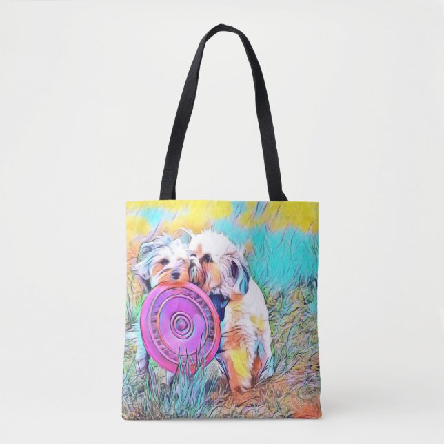 Tote Dois cães bonitos que jogam o bolsa do frisbee (Frente)