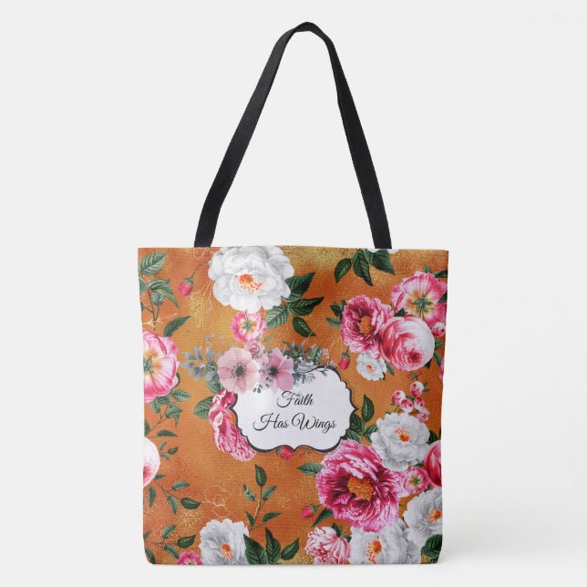 Tote Dourada Fé Floral Tem Moda das Asas Bolsa (Frente)