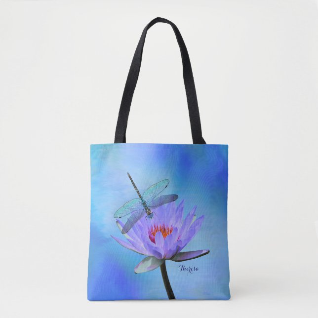 Tote estampado com libélula sobre lírio de água (Frente)
