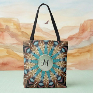 Tote Feather Teal, Brown, Blue e Green Mandala Bolsa