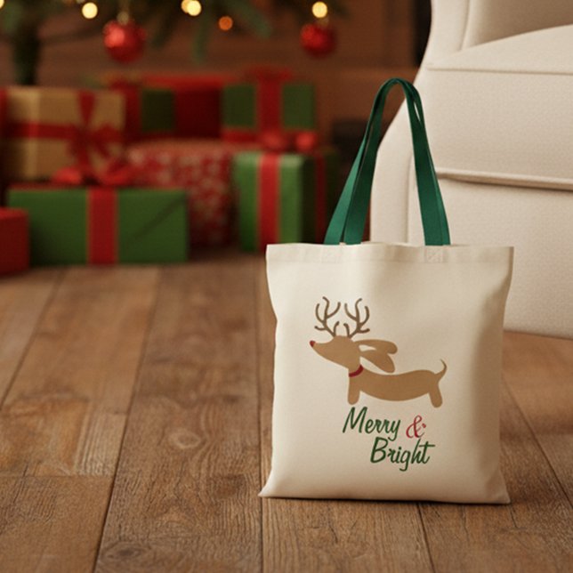 Tote Feliz do Dachshund da rena & o bolsa brilhante do (Merry & Bright Dachshund Christmas tote bag for gifting)