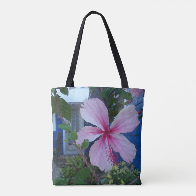 Tote Flor de hibisco rosa e bolsa de cabana azul de pra (Verso)