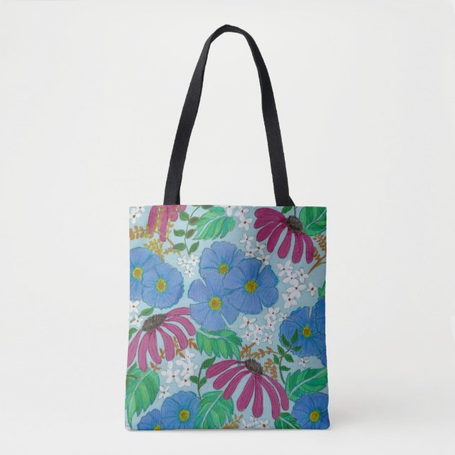 Tote Flores de primavera Bolsa azul-borrifador e rosa (Frente)