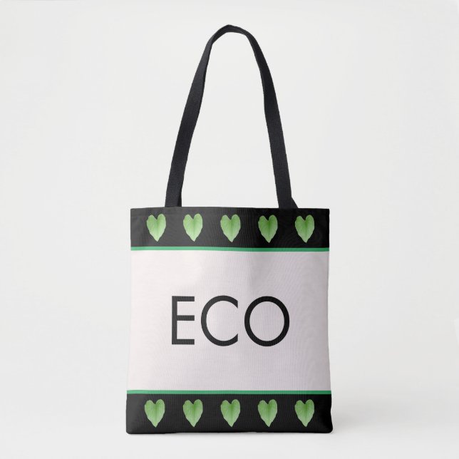 Tote Folhas em Forma de Coração Verde em Bolsa Beige (Frente)