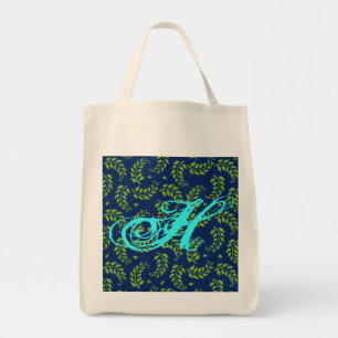 Tote Folhas Verdes no Bolsa Azul com Aqua Inicial