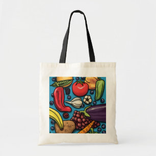 Tote Frutas coloridas e vegetais no bolsa azul