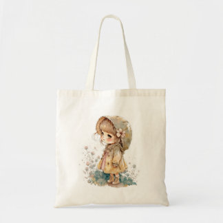 Tote Garota Chibi Adorável em Bolsa de Aquarela Antiqua