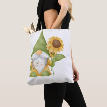 Gnomo segurando um girassol e notas em uma bolsa d