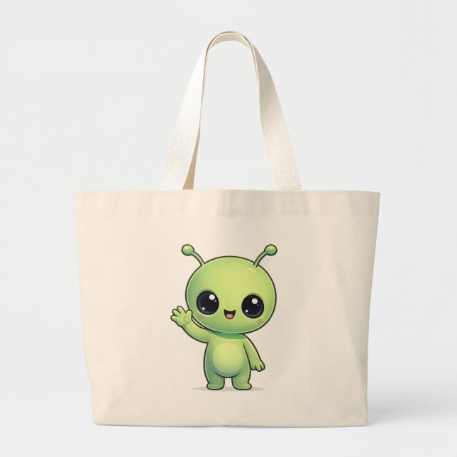 Tote Grande Bolsa Cute Chibi Alienígena Verde – Kawaii Space C (Frente)