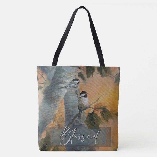 Tote Grande bolsa de Chickadee abençoado (arte original (Frente)