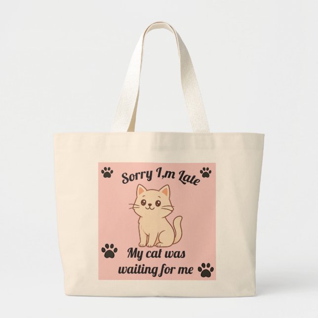 Tote Grande Bolsa de Compras com Tema de Gato Fofo (Frente)