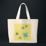 Tote Grande Bolsa de Estrelas Atômicas Icônicas Amarelas<br><div class="desc">Esta bolsa de tote de padrão Icônico de Impulsos Atômicos Amarelos apresenta rajadas atômicas icônicas. Isso mesmo! A antiga escola, de cor amarela com pincéis de ouro é o pano de fundo perfeito para a vibrante turquesa, o aipo de salga, e os círculos verdes cor de pera de cozinha. As...</div>