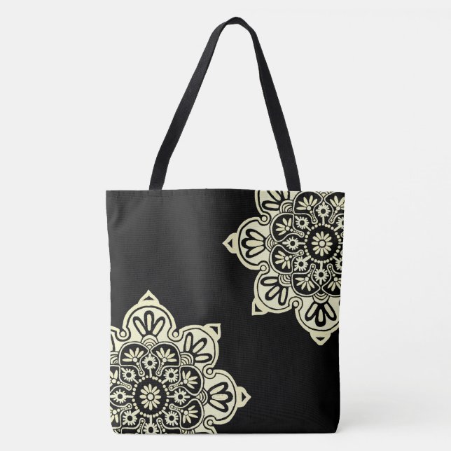 Tote Grande bolsa preto com medalhões creme (Frente)