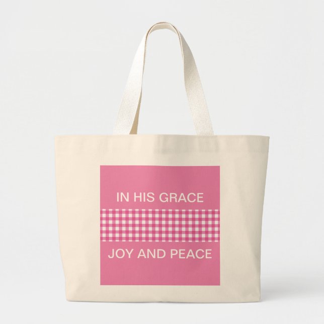 Tote Grande Em Sua Graça Rosa & Gingham Xadrez Cristã Bolsa B (Frente)