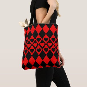 Tote Harlequin Vermelho e Negro com Bolsa de Corações
