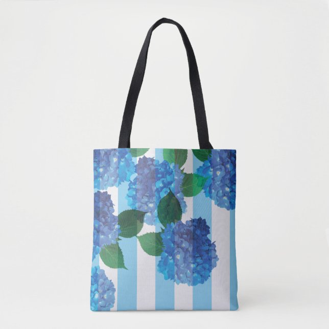 Tote Hydrangea azul com Stripes Bolsa (Frente)