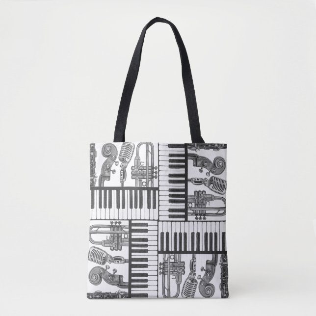 Tote Jazz Musical Instruments Black and White Bolsa (Frente)