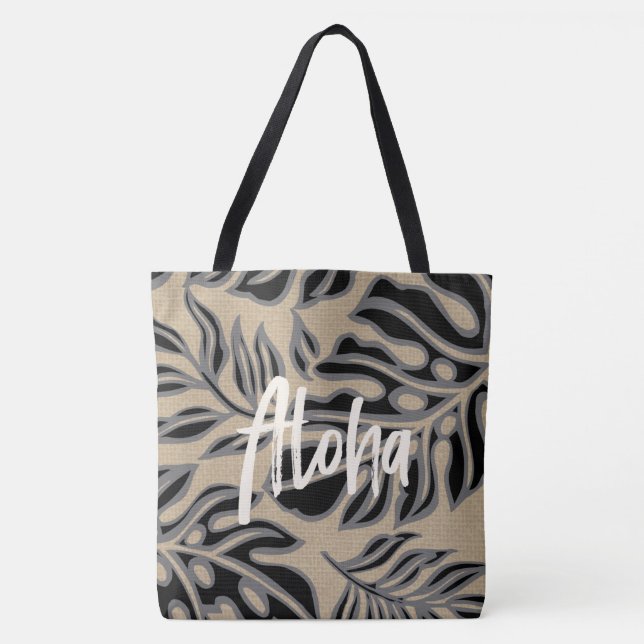 Tote Leaf Tiki Black Hawaiian Bolsa de praia tropical (Frente)