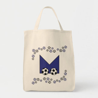 Tote Letra M no bolsa azul do monograma do futebol