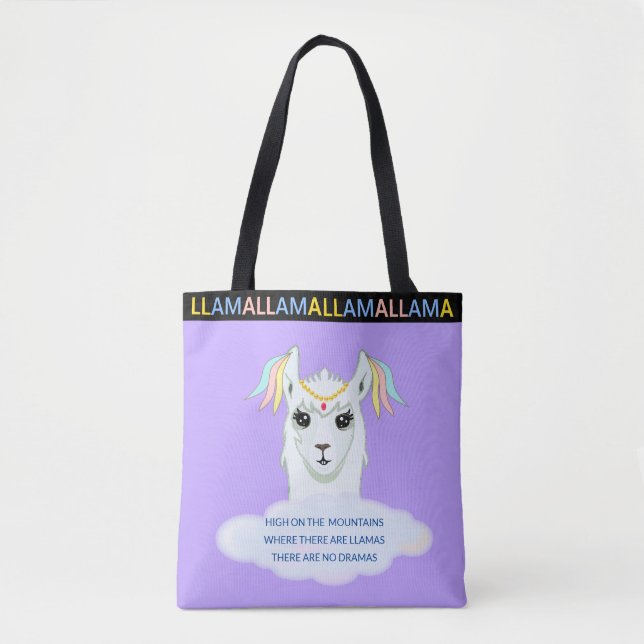 Tote Lhama Fofa em Bolsa Azul Lavanda (Frente)