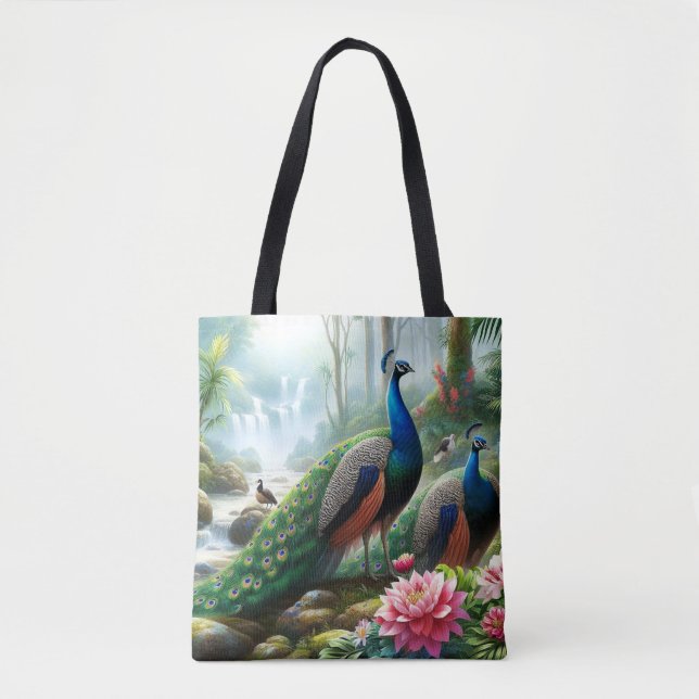 Tote Linda Bolsa Azul Turquesa de Pavão com Flores (Frente)