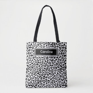 Tote Linda Bolsa Preta e Branca de Leopardo com Nome Pe
