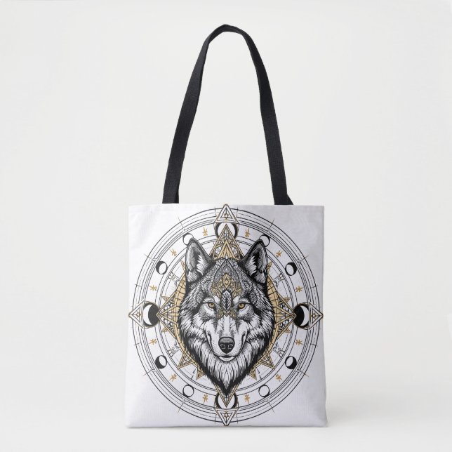 Tote Mandalas de Lobo Místico Fases da Lua Bolsa Boho (Frente)