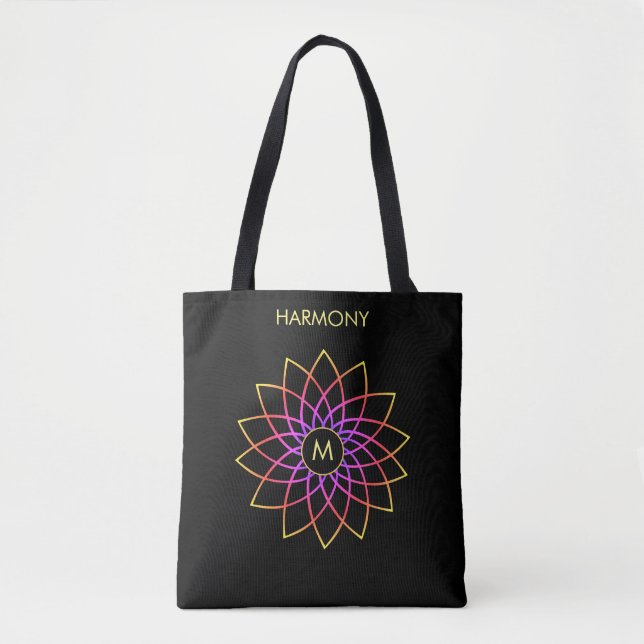 Tote Mandalas Multicolor em Harmonia na Bolsa Preta (Frente)