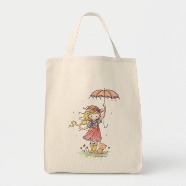Tote Menina e Gatinho Fofo na Bolsa sob a Chuva (Frente)