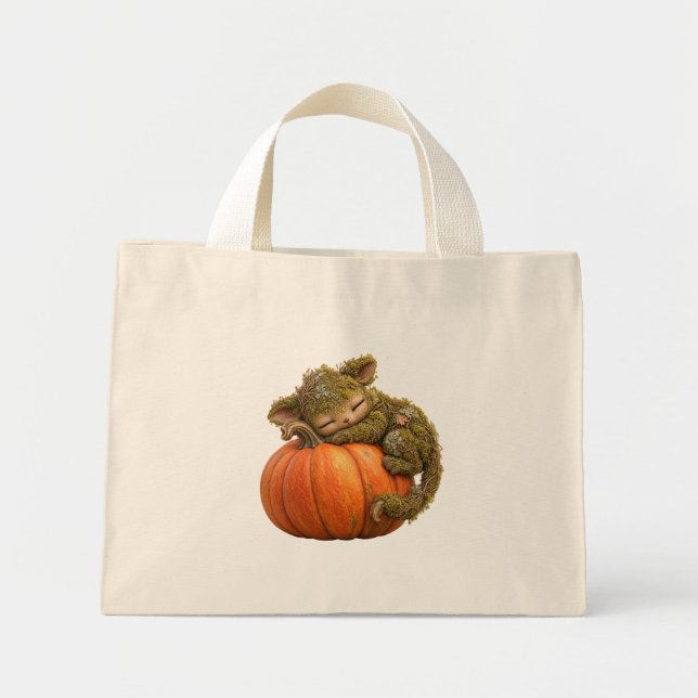 Tote Mini Bolsa Cute Fantasy Moss Creature Abraçando Abóbora (Frente)
