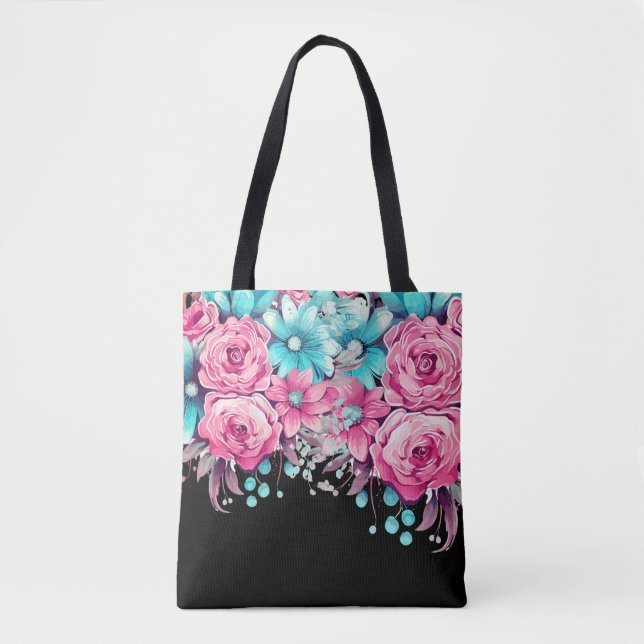 Tote Moderno Elegante Festivo Rosa e Teal Bolsa Floral (Frente)