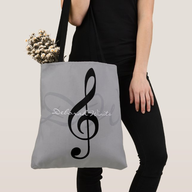 Tote nota musical na bolsa de toalha de cinza com nome (Close Up)