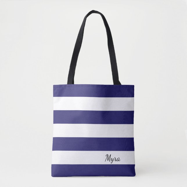 Tote O bolsa listrado azul e branco da meia-noite (Frente)