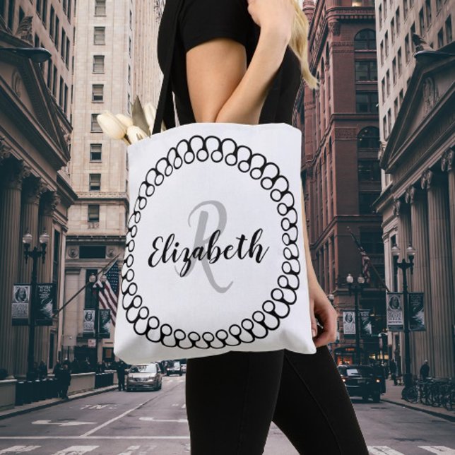Tote Onyx Decorative Circle Personalize o Bolsa do Mono (Onyx Decorative Monogram Tote Bag)