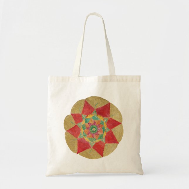 Tote Ouro Vermelho Pintado com a Mão de Mandala Bolsa (Frente)