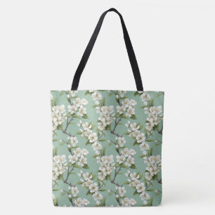 Tote Padrão de Flor Branco Elegante na Bolsa Verde Sage