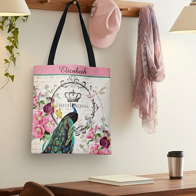 Tote Pavão personalizado e flores de primavera na bolsa (Criador carregado)