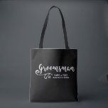 Tote Roteiro moderno branco preto Saco-Legal do bolsa<br><div class="desc">Seu padrinho de casamento amará esta sacola personalizada! Frente e verso com uma pia batismal e um redemoinho brancos na moda do roteiro do divertimento, o saco igualmente caracteriza duas linhas de texto feito sob encomenda - adicione o nome do Grooman, data wedding, lugar, a mudança etc. a cor do...</div>