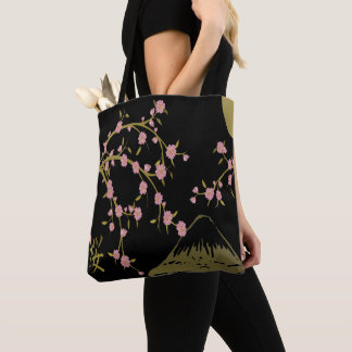 Tote Sakura Rosa Bolsa Preta com Impressão de Tela Japo