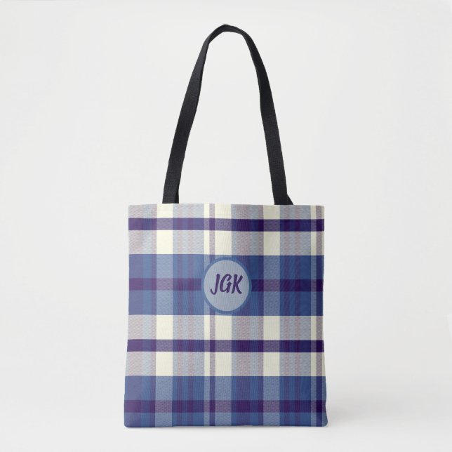 Tote Xadrez Azul com Monograma Personalizado (Frente)