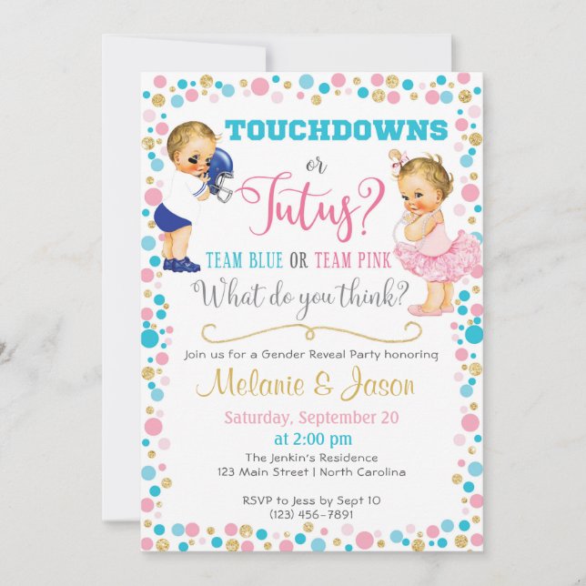 Touchdowns ou Tutus Gênero Revelar Convite (Frente)
