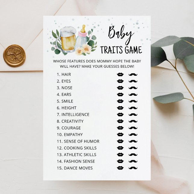 Traços de Bebê Jogo Bebê Está Sendo Preparado fest (Beer and Floral Baby is Brewing Baby Shower Baby Traits Game Card)